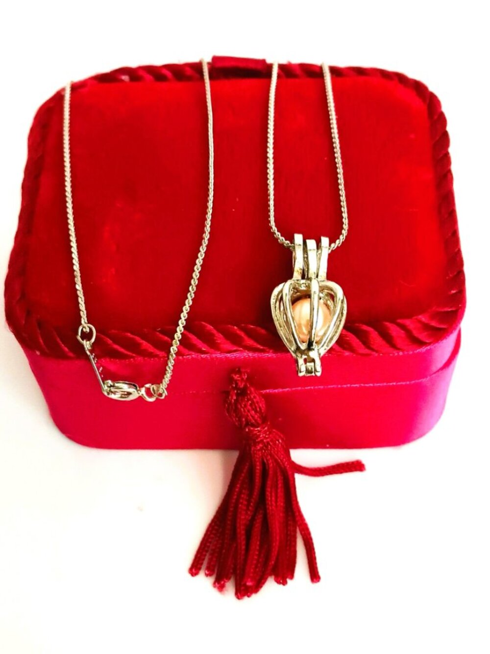 18KGP Cage Pearl Locket Necklace 16" Vintage Silver Culture Pearl